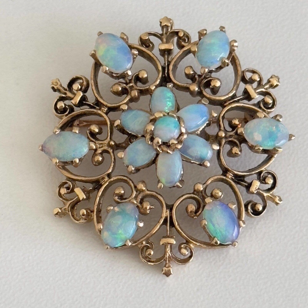 Vintage 14K Yellow Gold Opal Flower Heart Filigree Scroll Pendant Brooch Pin